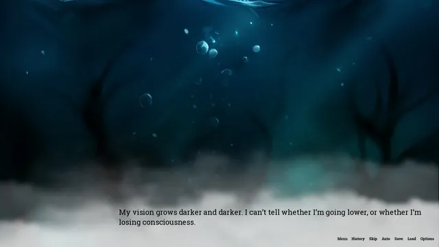 An underwater view of bubbles and dark branches as the narrator's vision grows darker