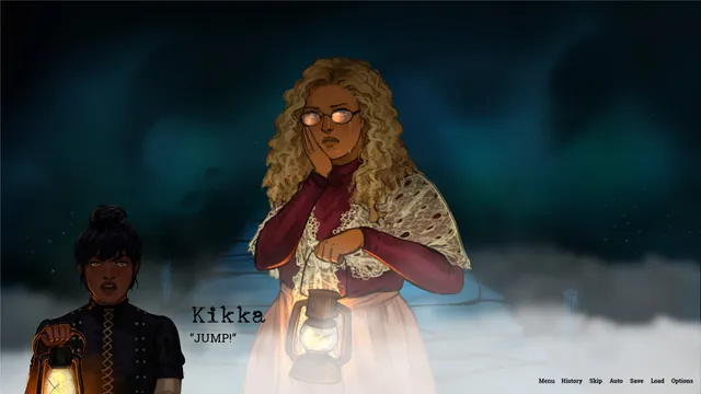 Kikka with a lantern shouts JUMP beside a frightened curly-haired woman on a misty bridge