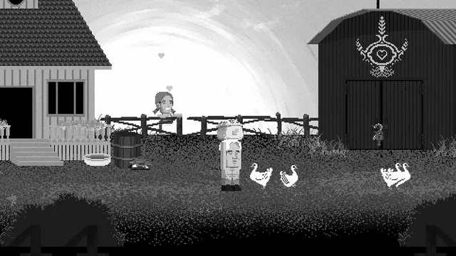 Lakeview Cabin 2 screenshot: a black-and-white farmyard with a barn marked by a strange sigil