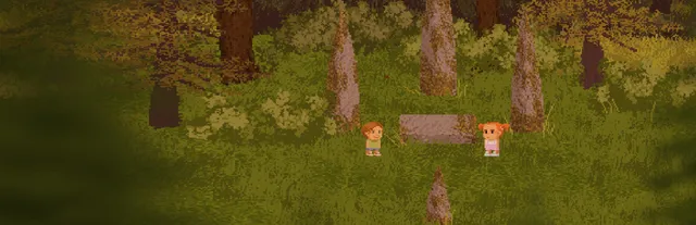 Lakeview Cabin 2 key art: two pixel-art children stand by a fallen log among standing stones in a dark forest