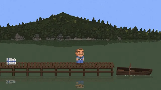 Lakeview Cabin 2 screenshot: a man stands on a jetty by a rowing boat on a calm lake below a forested hill