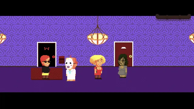 Lakeview Cabin 2 screenshot: guests in a purple hotel corridor at the film convention, one in a white mask