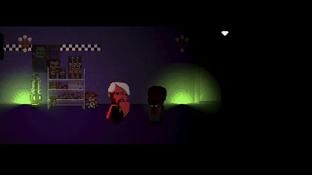 Lakeview Cabin 2 screenshot: two figures in a dark room lit by green lamps