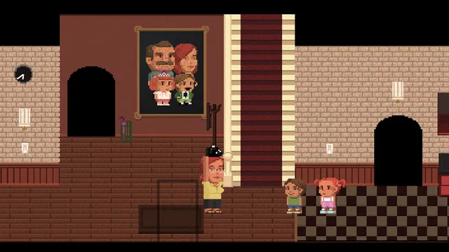 Lakeview Cabin 2 screenshot: the family in the hall of their summer house, under a family portrait