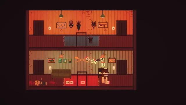 Lakeview Cabin Collection: cross-section of a two-floor cabin with masks and antlers on the walls