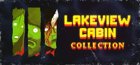 Lakeview Cabin Collection key art: three terrified pixel-art faces beside the game's yellow title