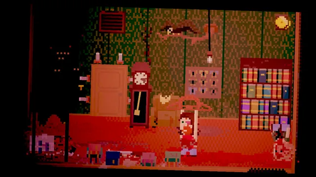 Lakeview Cabin Collection: a red-lit living room with a grandfather clock and a bloodied character standing by the bookshelf