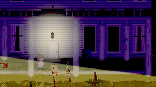 Lakeview Cabin Collection: bloody skeletal remains on stakes in front of a cabin at night, lit by a spotlight