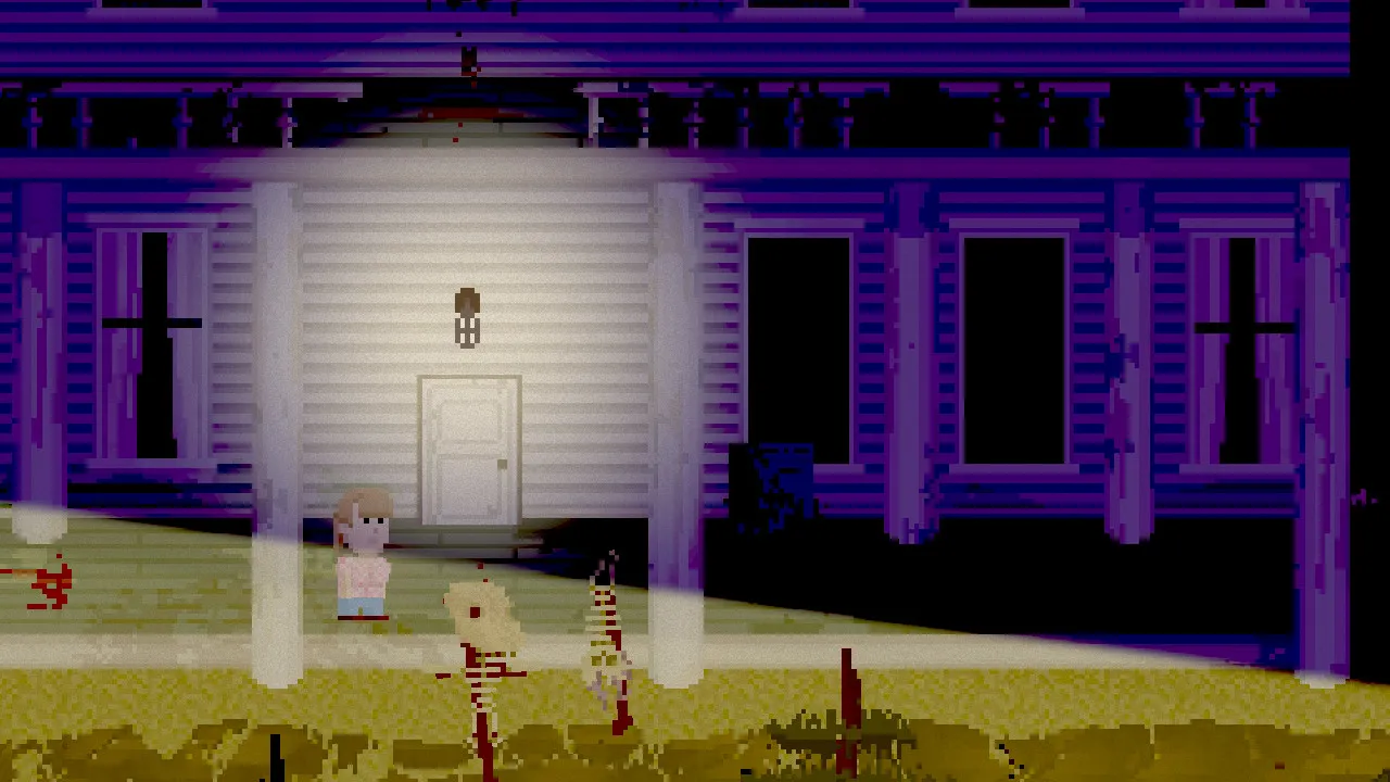 Lakeview Cabin Collection: bloody skeletal remains on stakes in front of a cabin at night, lit by a spotlight