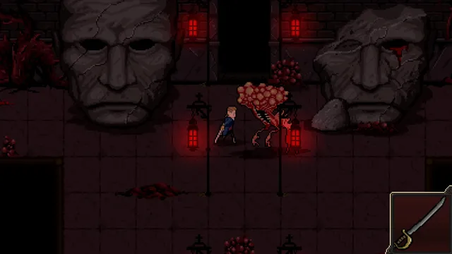 Victor with a sabre facing a fleshy many-legged creature between two giant stone faces
