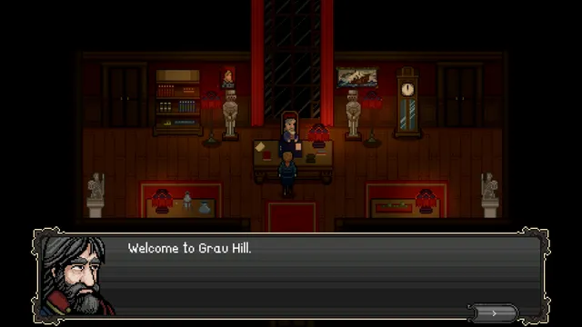 The bearded Earl at his desk in a red study greeting Victor: Welcome to Grau Hill