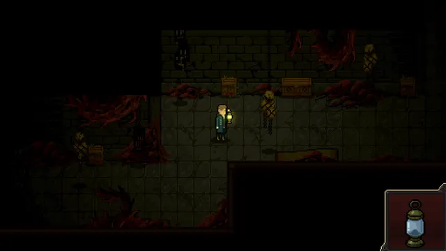 Victor holding a lantern in a dark cellar with bodies hanging in sacks and red growths on the walls