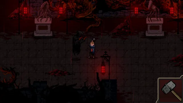 Victor raising a hammer at a hooded figure on a blood-red street lit by lanterns