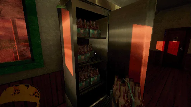 Laser Tag Massacre screenshot: an open drinks fridge full of bottles in a dim back room