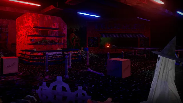 Laser Tag Massacre screenshot: a dark arcade lit by red and blue neon, with a jack-o'-lantern, cardboard gravestones and a friend in a ghost sheet and witch hat