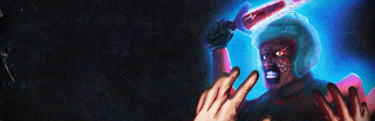 Laser Tag Massacre key art: a scarred killer in a laser tag helmet raises a bloodied blade over raised hands