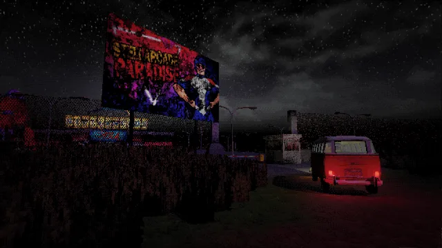 Laser Tag Massacre screenshot: a red van parked at night under a big arcade billboard by a field