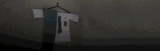 Last Laugh key art: a white school uniform shirt and dark tie hang on a coat hanger against a grimy, dark wall