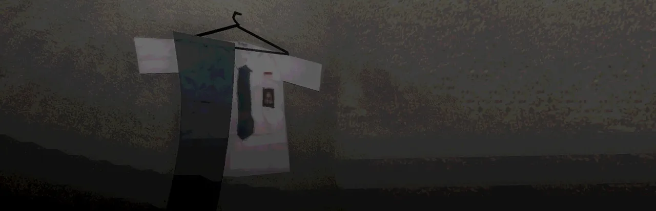Last Laugh key art: a white school uniform shirt and dark tie hang on a coat hanger against a grimy, dark wall