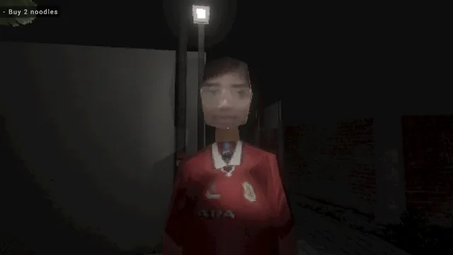 Last Laugh screenshot: a friend in a red shirt sits on the floor of a dim house, saying Loser does 20 push-ups, okay
