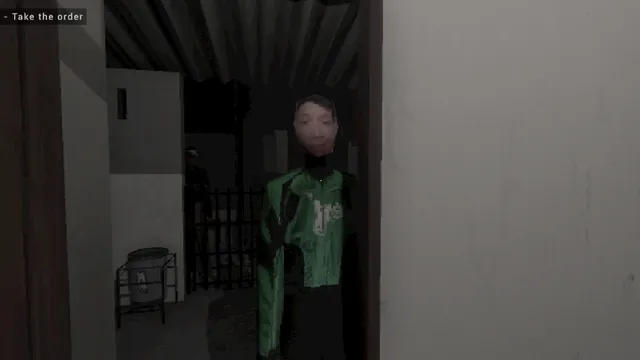 Last Laugh screenshot: a dark living room with a television, a sofa and a figure slumped on the rug by the doorway
