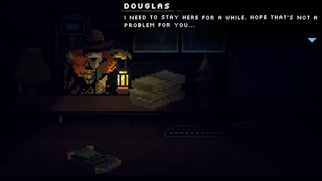 Last Report screenshot: a ranger called Douglas sits by a lantern in the dark cabin and asks to stay for a while