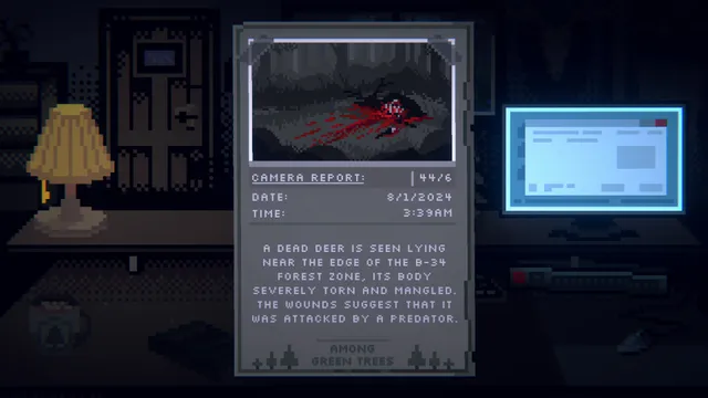 Last Report screenshot: a camera report card on the ranger's desk shows a mangled deer in the grass, with the date, time and a note about a predator