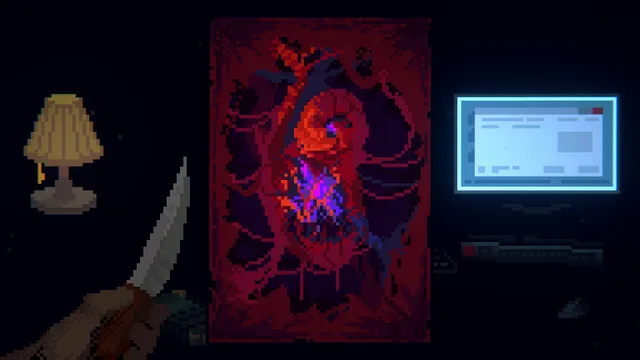 Last Report screenshot: a hand holds a knife beside a glowing red painting of a twisted creature, next to the desk lamp and monitor