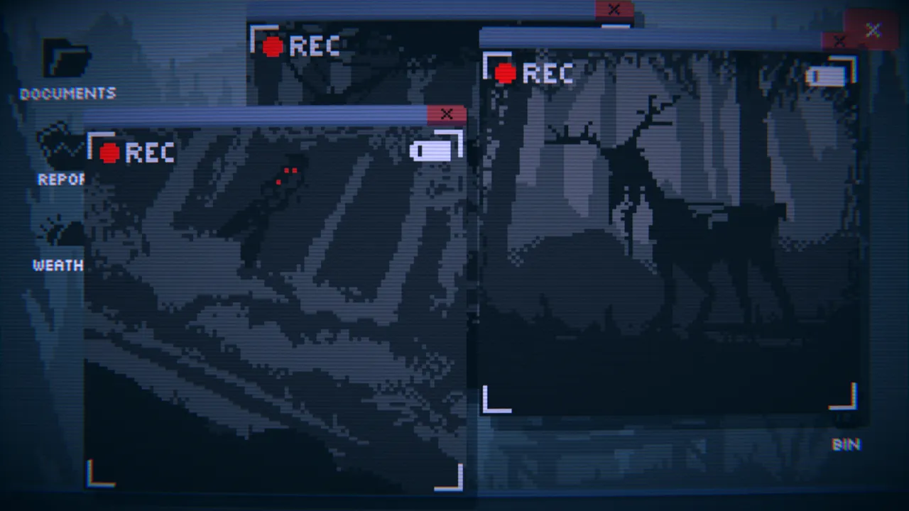 Last Report screenshot: grainy night-vision camera feeds marked REC, one showing a tall antlered shape standing among the trees