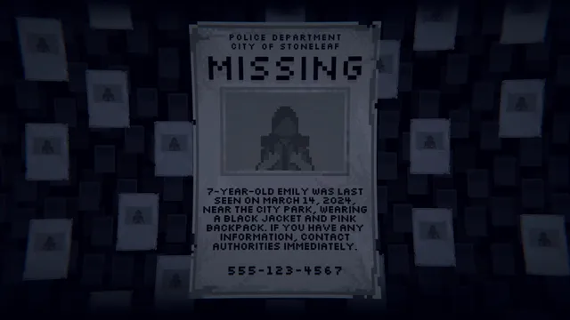 Last Report screenshot: a police missing poster for a 7-year-old girl last seen near the city park, among other notices on a wall