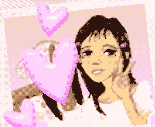 last seen online screenshot: a dithered pink photo of a dark-haired girl making a peace sign behind floating hearts, found on the old computer