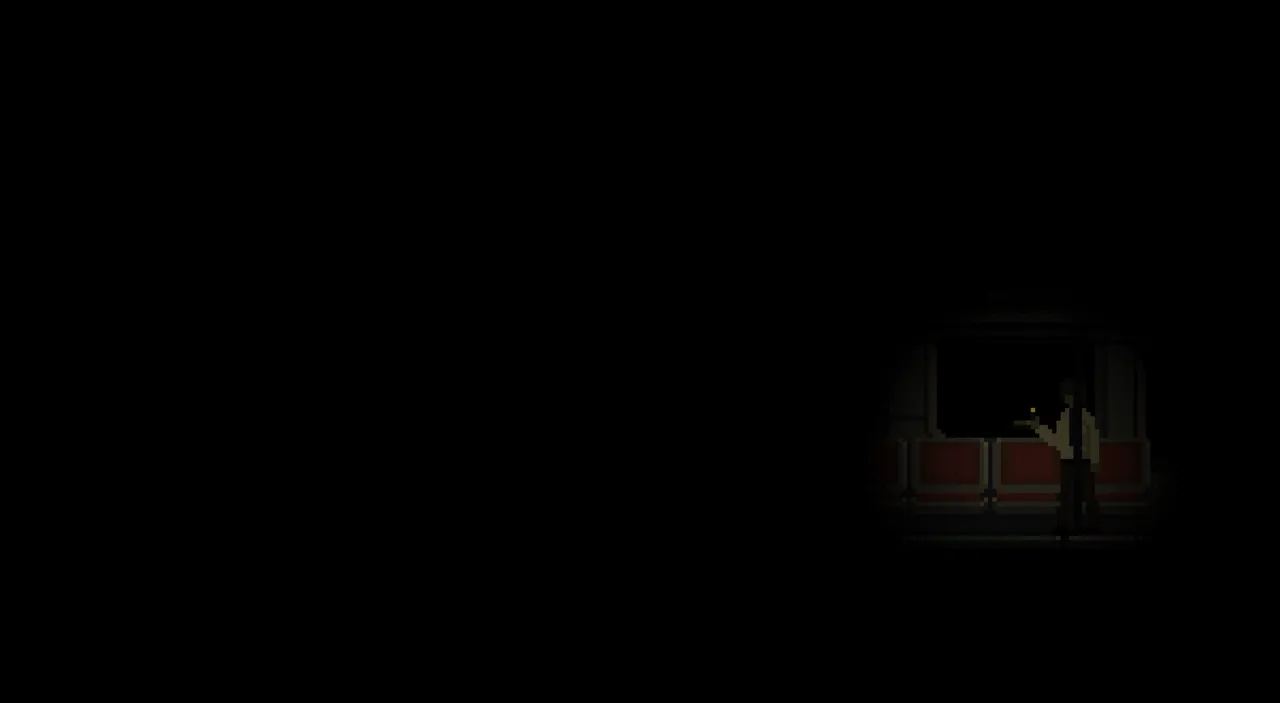 Last Train Home screenshot: almost total darkness, with one small lit patch of carriage showing a figure by the seats