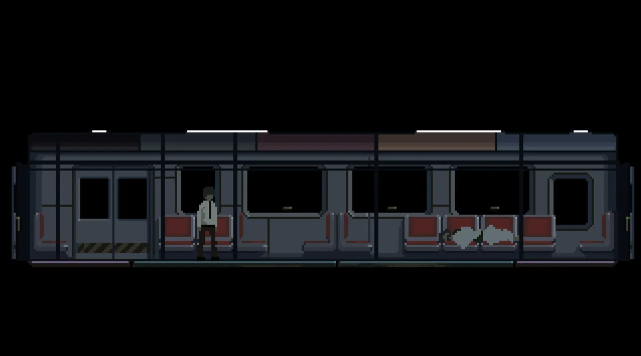 Last Train Home screenshot: a pixel-art night train carriage seen from the side, a man in a white shirt standing among red seats