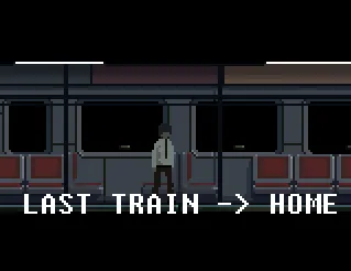 Last Train Home cover: a man in a white shirt and tie standing in a dark train carriage above the title LAST TRAIN -> HOME