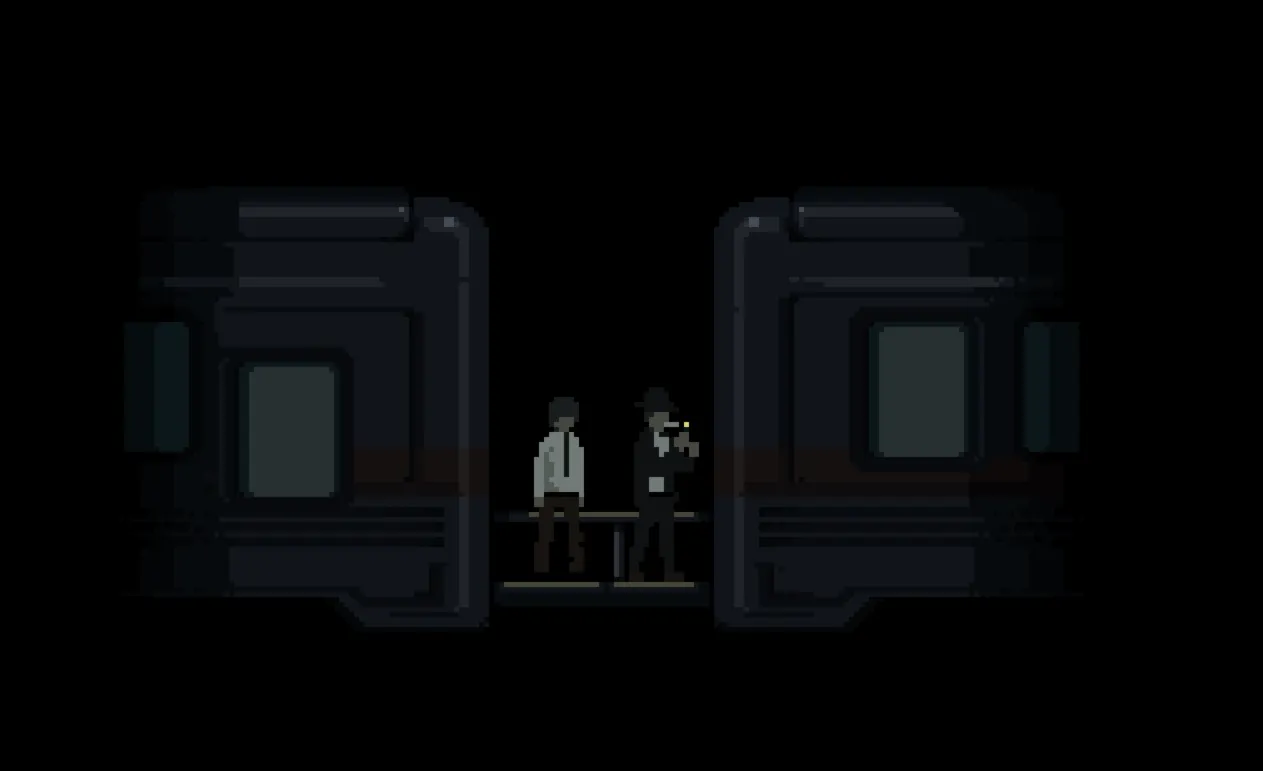 Last Train Home screenshot: the man and a stranger in a hat stand in the dark gap between two train carriages
