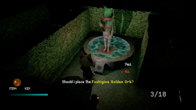A statue on a fountain in a hedge courtyard with the prompt Should I place the Fushigina Golden Orb