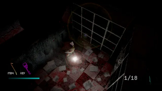 Haneko with a flashlight in a dark, blood-stained room with scattered papers, seen from a high fixed camera