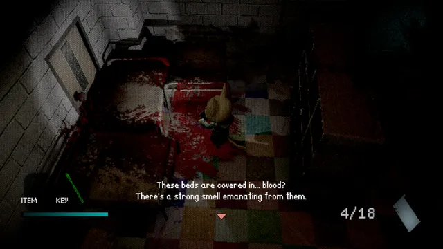 Haneko by infirmary beds covered in blood, with text noting a strong smell coming from them