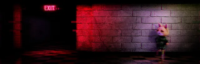 Late Homework art: Haneko, a cat-eared schoolgirl, stands in a dark brick hallway lit red under an EXIT sign