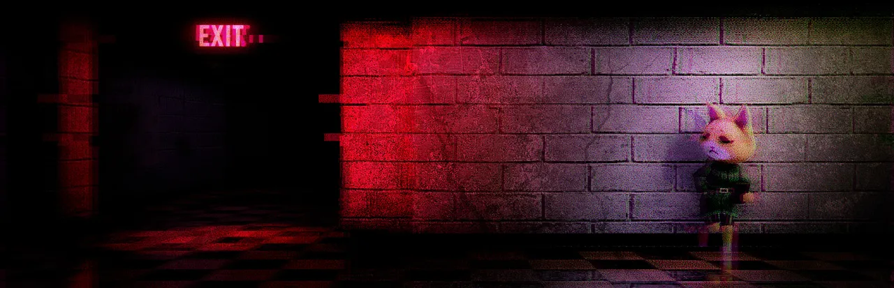Late Homework art: Haneko, a cat-eared schoolgirl, stands in a dark brick hallway lit red under an EXIT sign