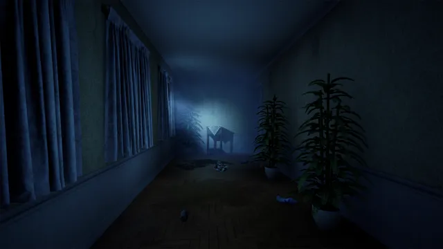 A long blue-lit hallway with curtains and potted plants, stains and rubbish on the wooden floor