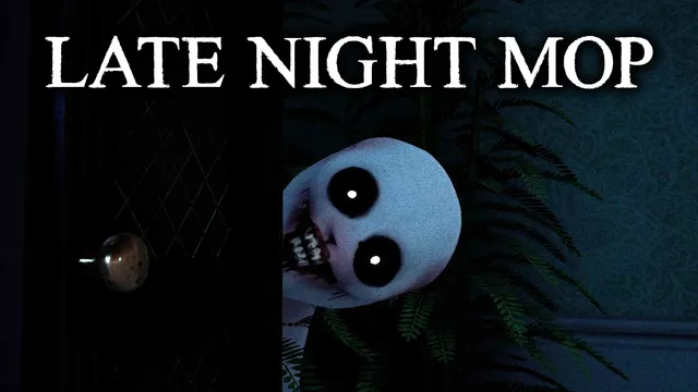 Late Night Mop key art: a pale figure with black, staring eyes and a wide toothy grin peers around a dark doorway