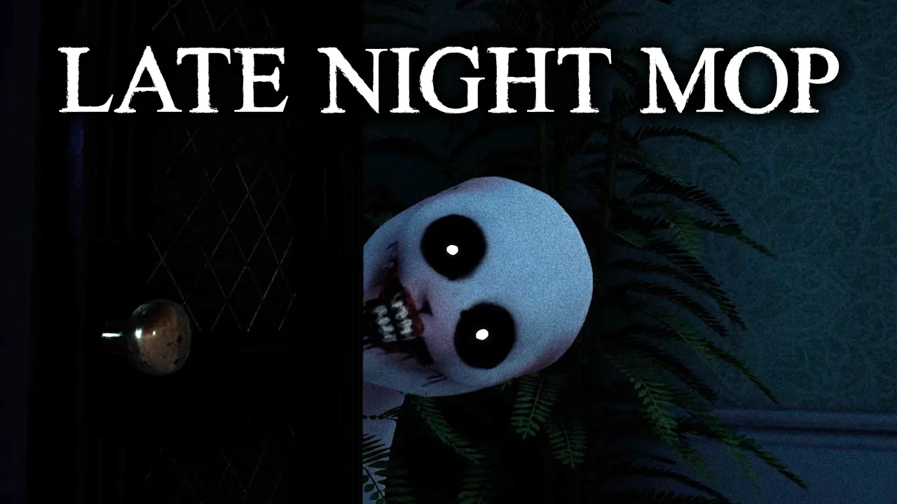 Late Night Mop key art: a pale figure with black, staring eyes and a wide toothy grin peers around a dark doorway