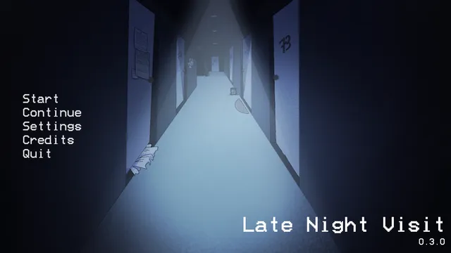 Late Night Visit title screen: a long, cold-lit apartment hallway with numbered doors, a flyer-covered door and a torn paper on the floor, beside the Start menu