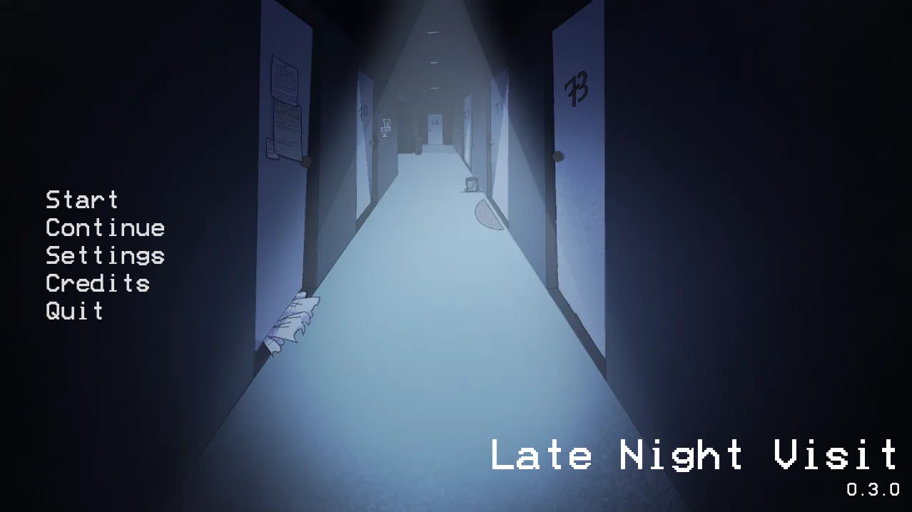 Late Night Visit title screen: a long, cold-lit apartment hallway with numbered doors, a flyer-covered door and a torn paper on the floor, beside the Start menu