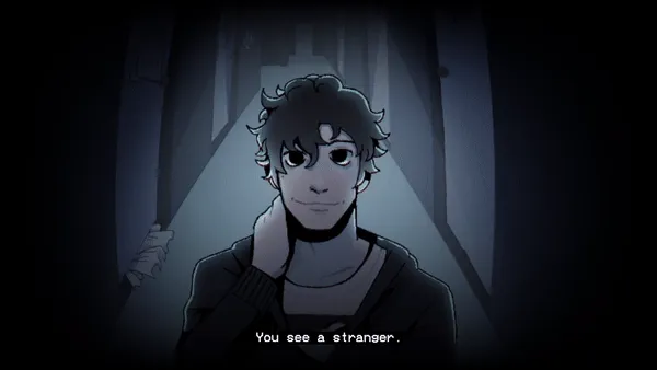 Late Night Visit scene: a dark-haired stranger with a fixed smile stands in the dim hallway, hand at his neck, above the line You see a stranger