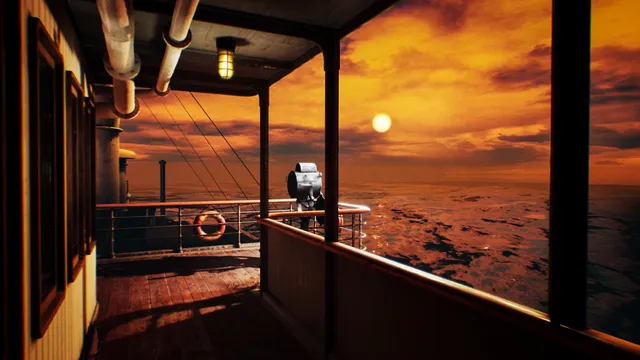 Layers of Fear 2 screenshot: the deck of an ocean liner with a life ring on the railing, under an orange sunset sky over the sea