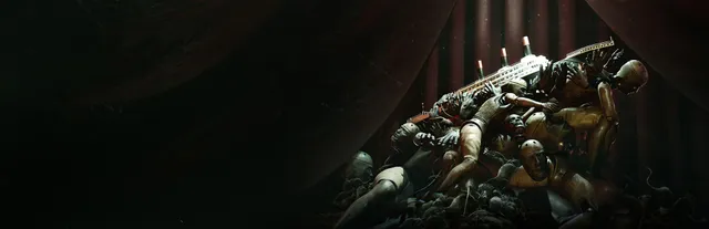 Layers of Fear 2 key art: an ocean liner carried on a heap of jointed wooden mannequins and rats before dark red stage curtains