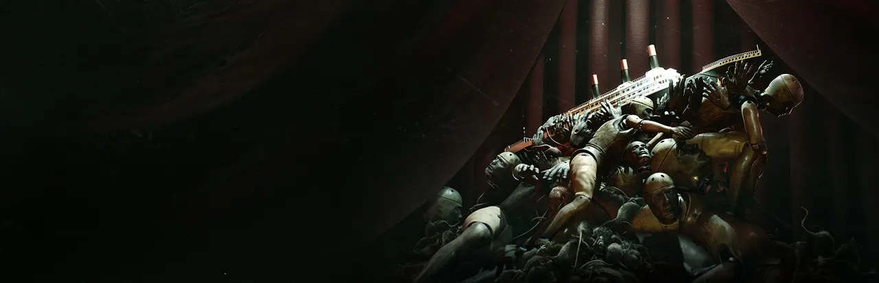 Layers of Fear 2 key art: an ocean liner carried on a heap of jointed wooden mannequins and rats before dark red stage curtains