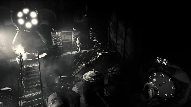 Layers of Fear 2 screenshot: a black-and-white engine room of pipes, stairs and a huge clock face, with mannequin figures standing on the walkways